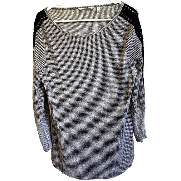 Soft Surroundings Bailey M Black/Gray Waffle Knit Long Sleeve Crochet Trim - Picture 1 of 8
